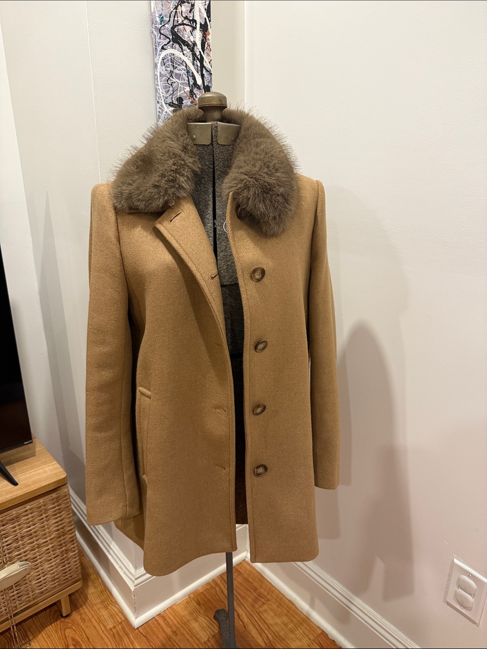 Zara Camel Wool Pea Coat with Fur Collar